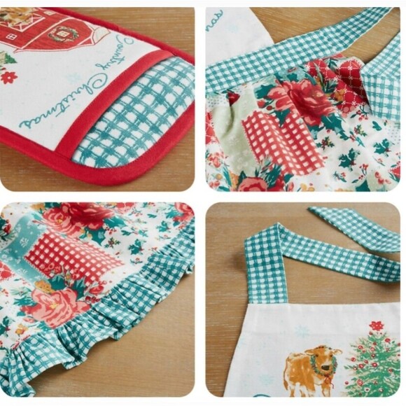 NEW The Pioneer Woman Country Christmas Cheerful Cow Rose Kitchen Apron - Picture 6 of 14